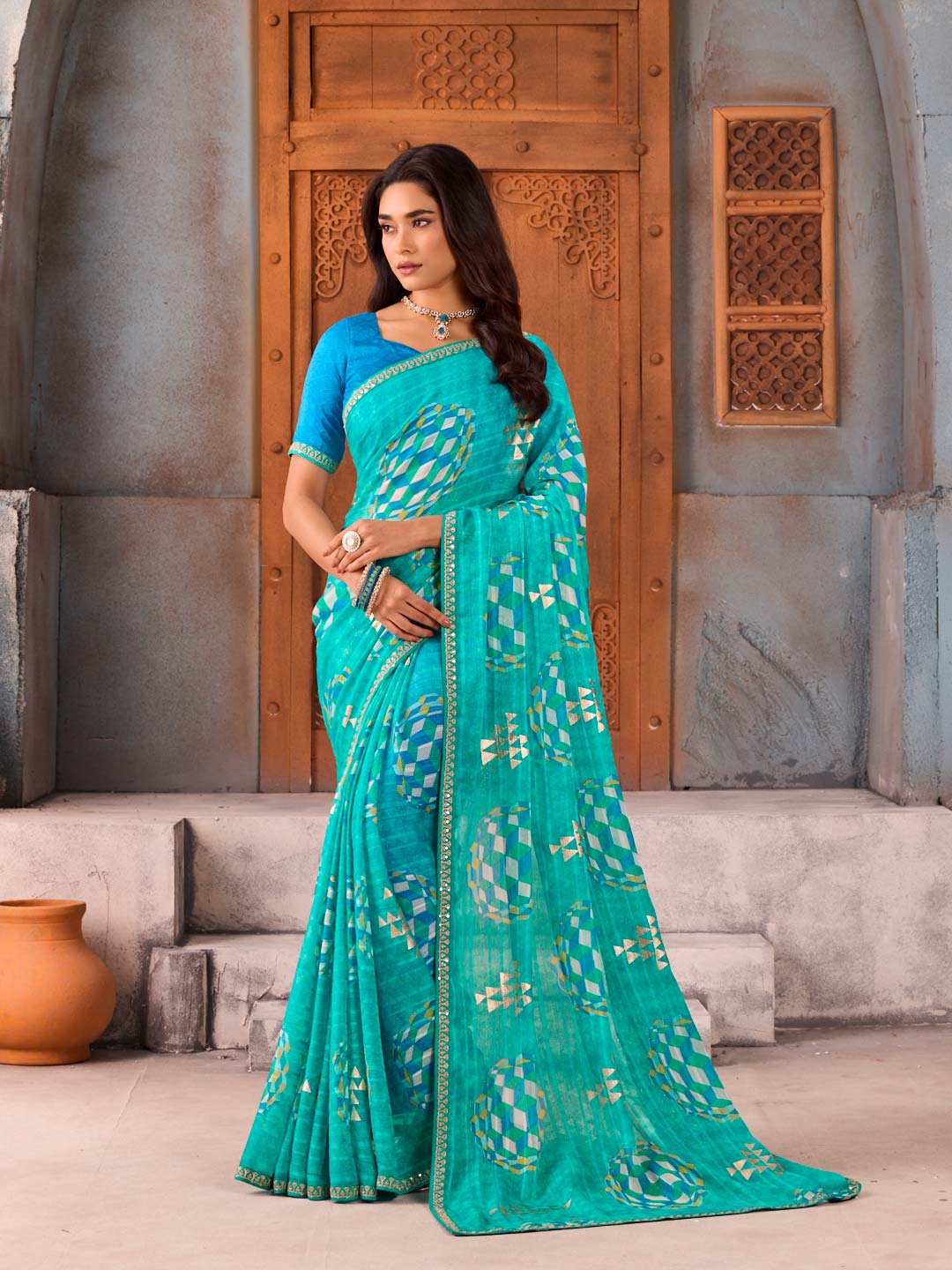 Blue geometric printed chiffon saree casual wear