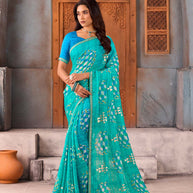 Blue geometric printed chiffon saree casual wear