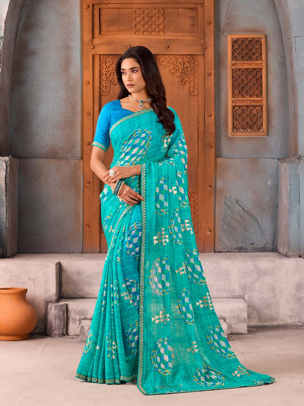 Blue geometric printed chiffon saree casual wear