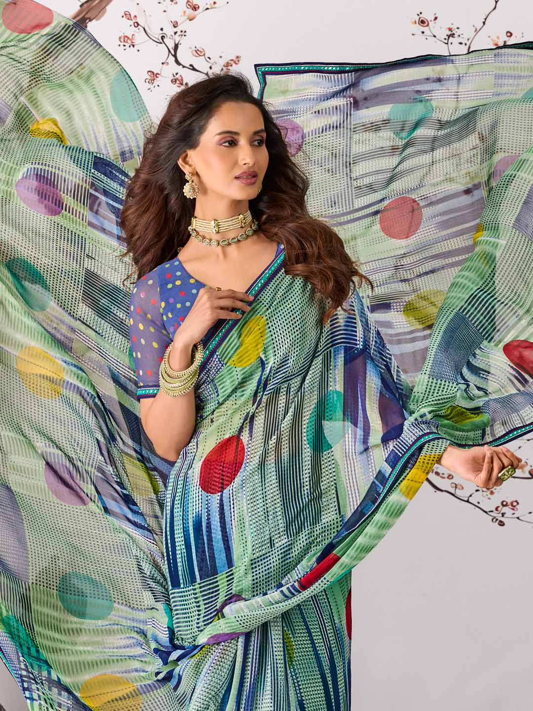 Blue abstract printed georgette saree party wear