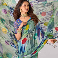 Blue abstract printed georgette saree party wear