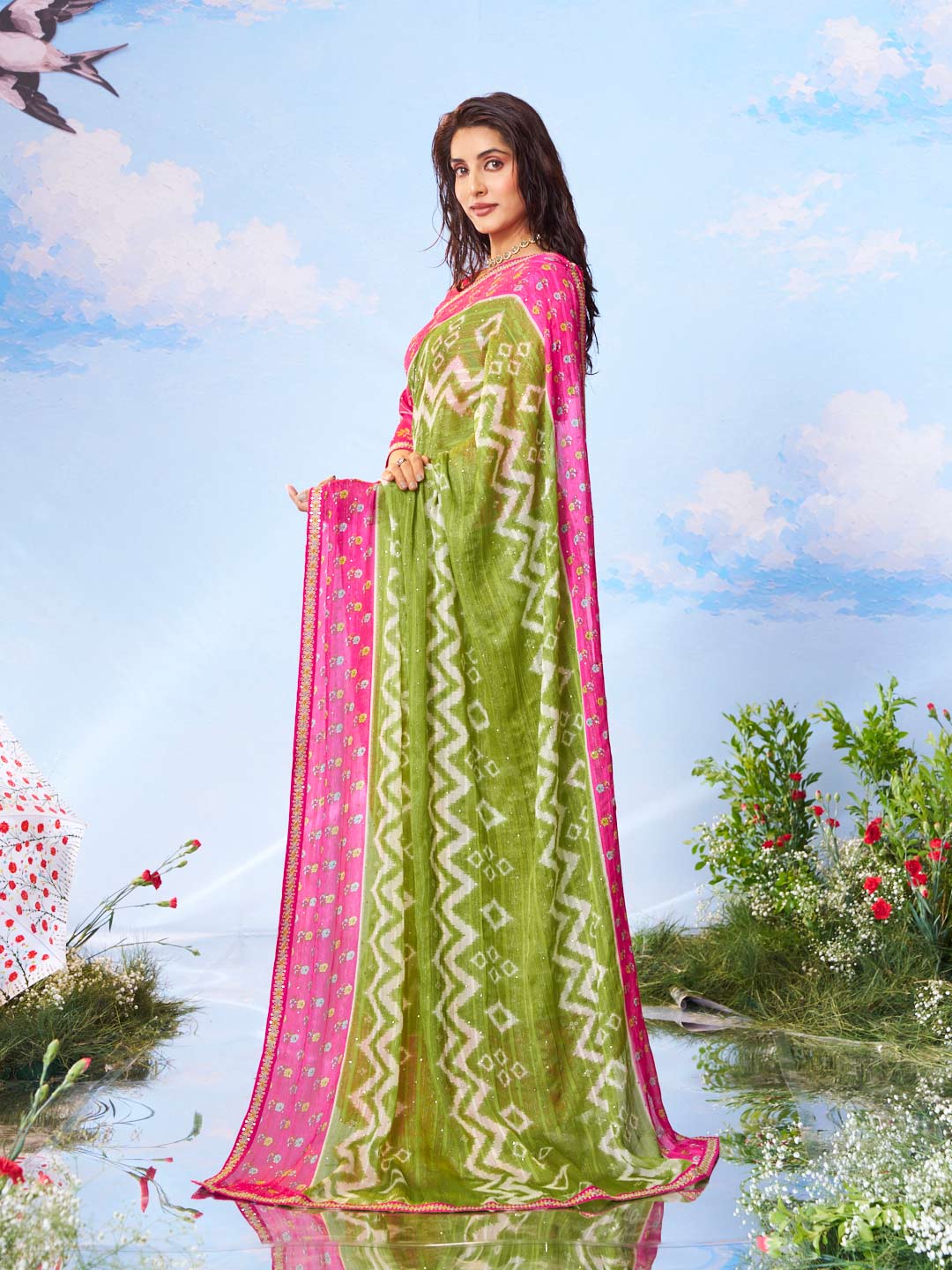 Green zari work silk saree wedding wear