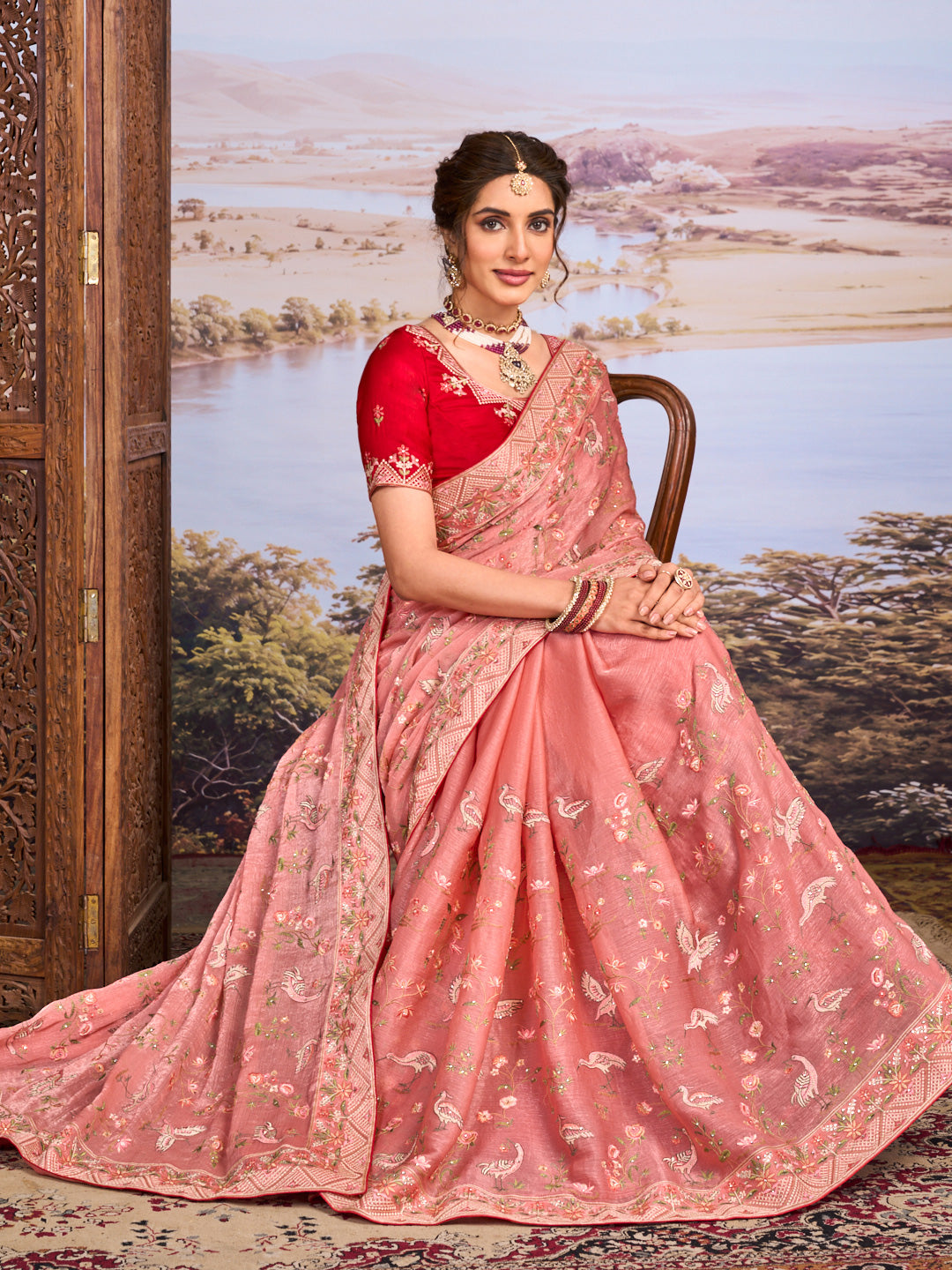 Pink floral embroidered chiffon saree wedding wear