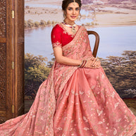 Pink floral embroidered chiffon saree wedding wear