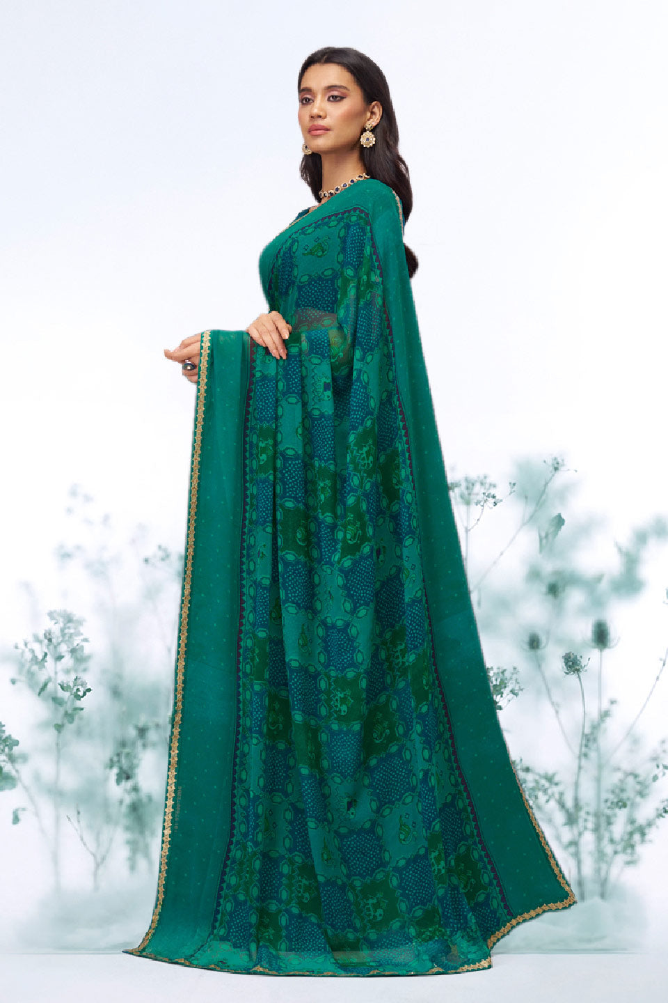 Green floral printed georgette saree casual wear