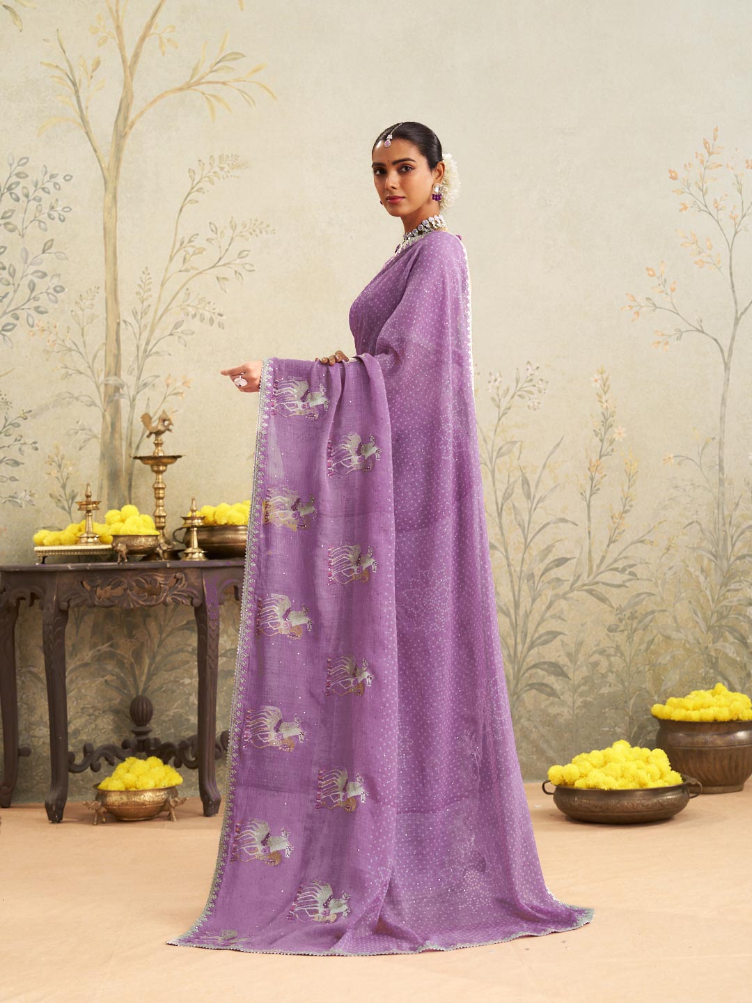 Purple embroidered chiffon saree daily wear