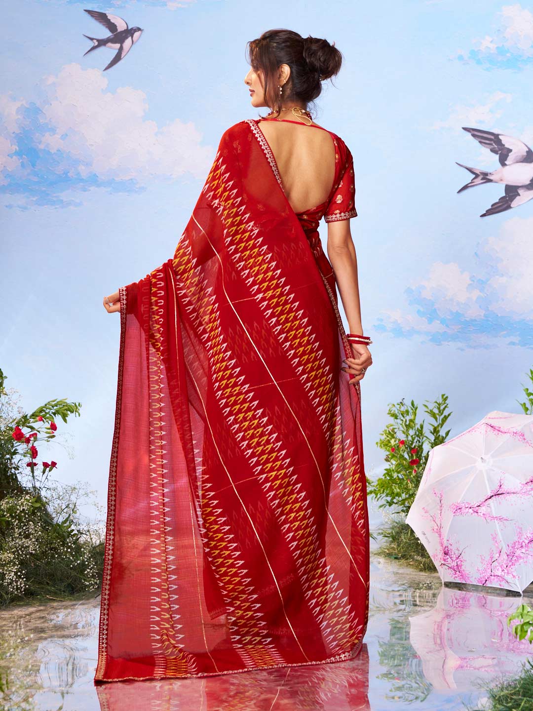 Red geometric printed chiffon saree wedding wear