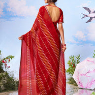 Red geometric printed chiffon saree wedding wear