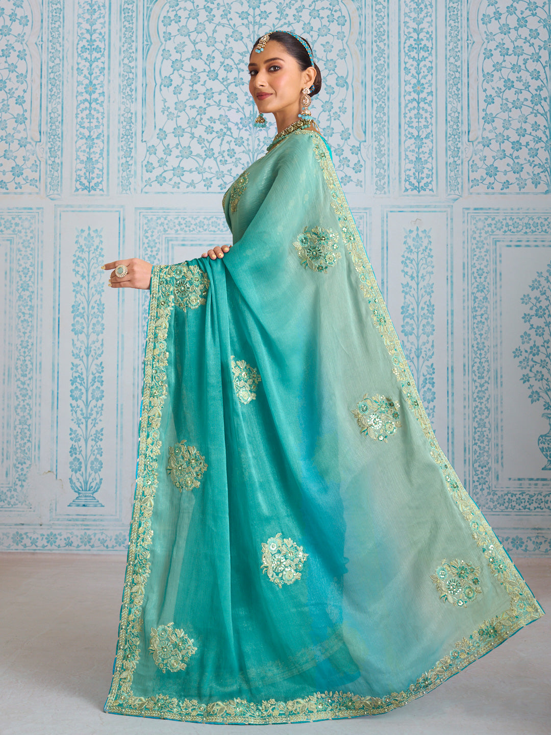 Laxmipati Aanya Blue Chiffon Embroidered Saree