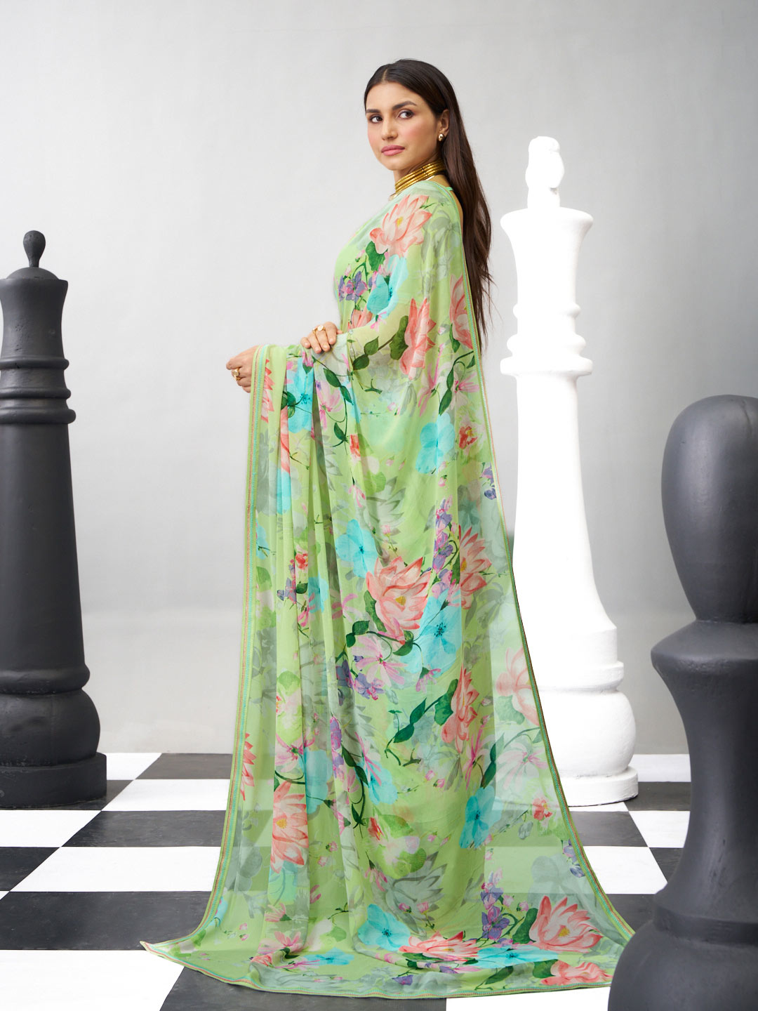 Green printed saree stylish look