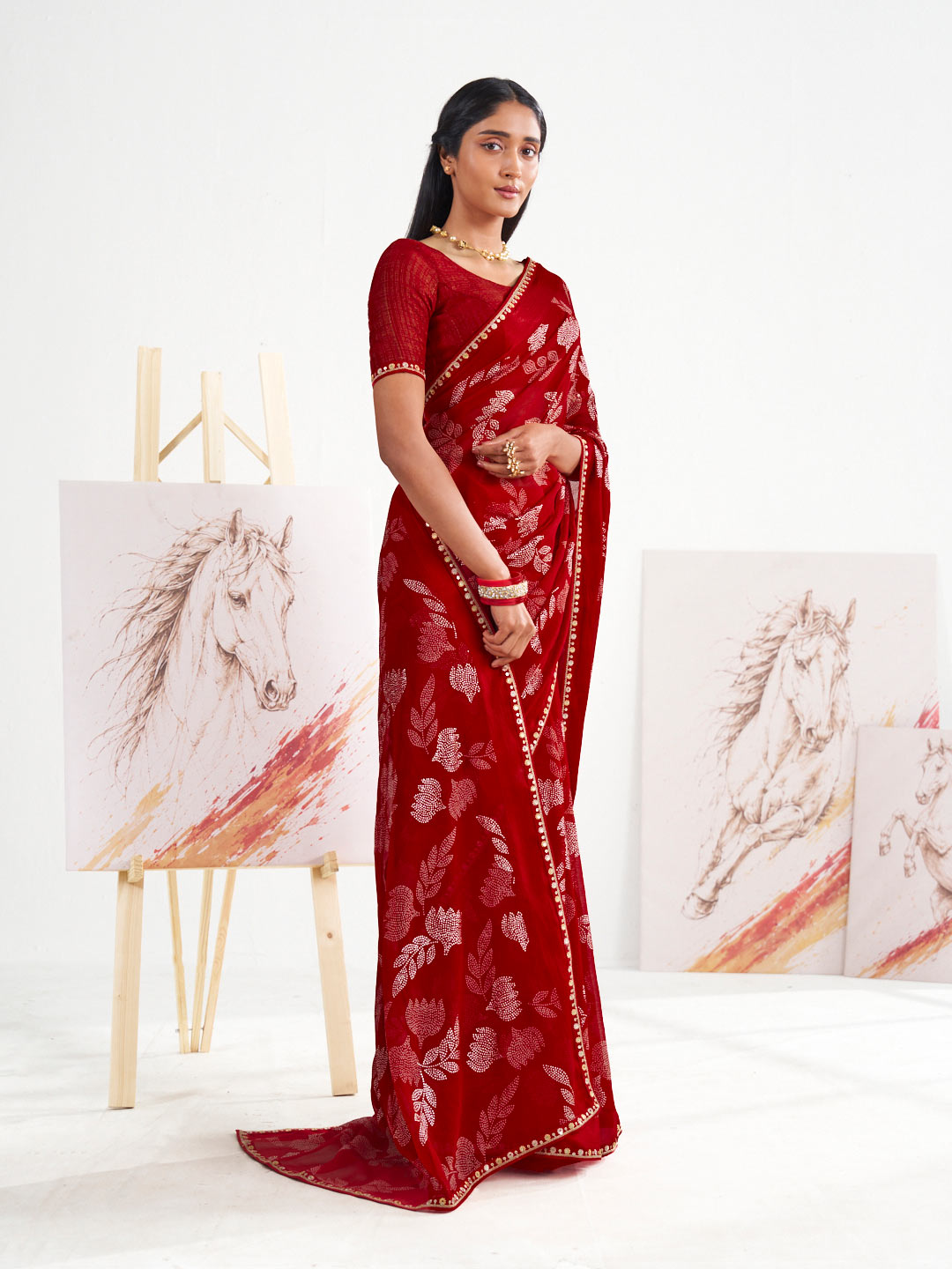 Laxmipati Murli Red Chiffon Floral Saree