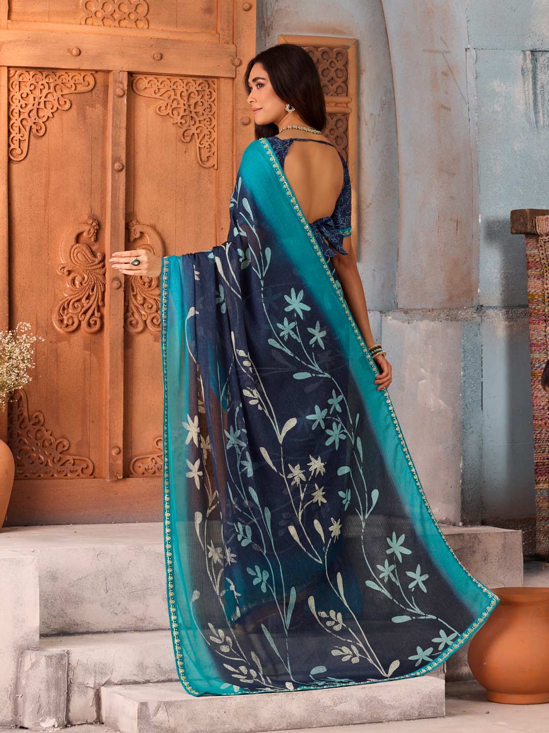 Navy Blue floral printed silk blend saree daily wear