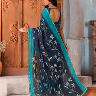 Navy Blue floral printed silk blend saree daily wear