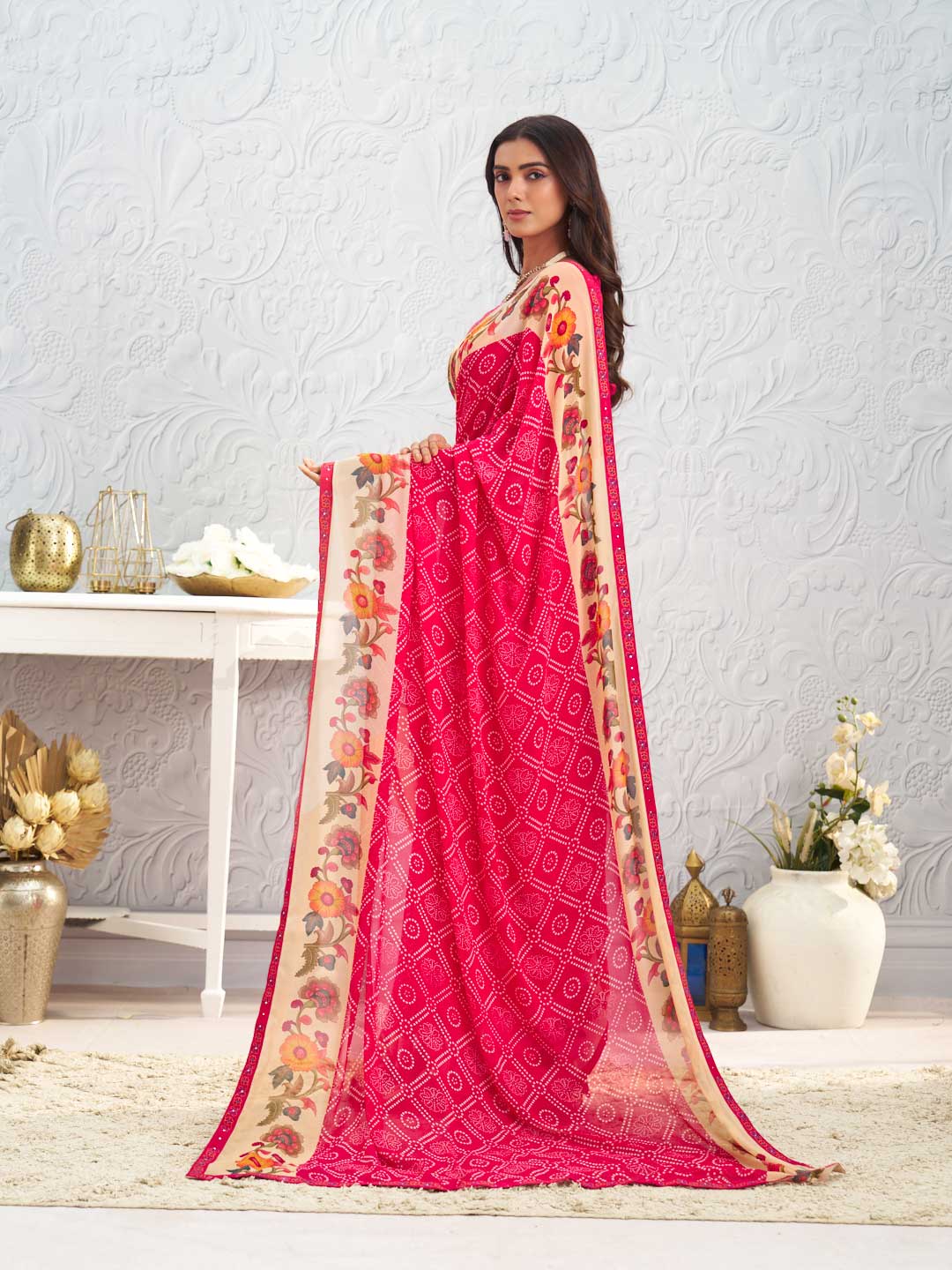 Pink floral printed georgette saree festive wear