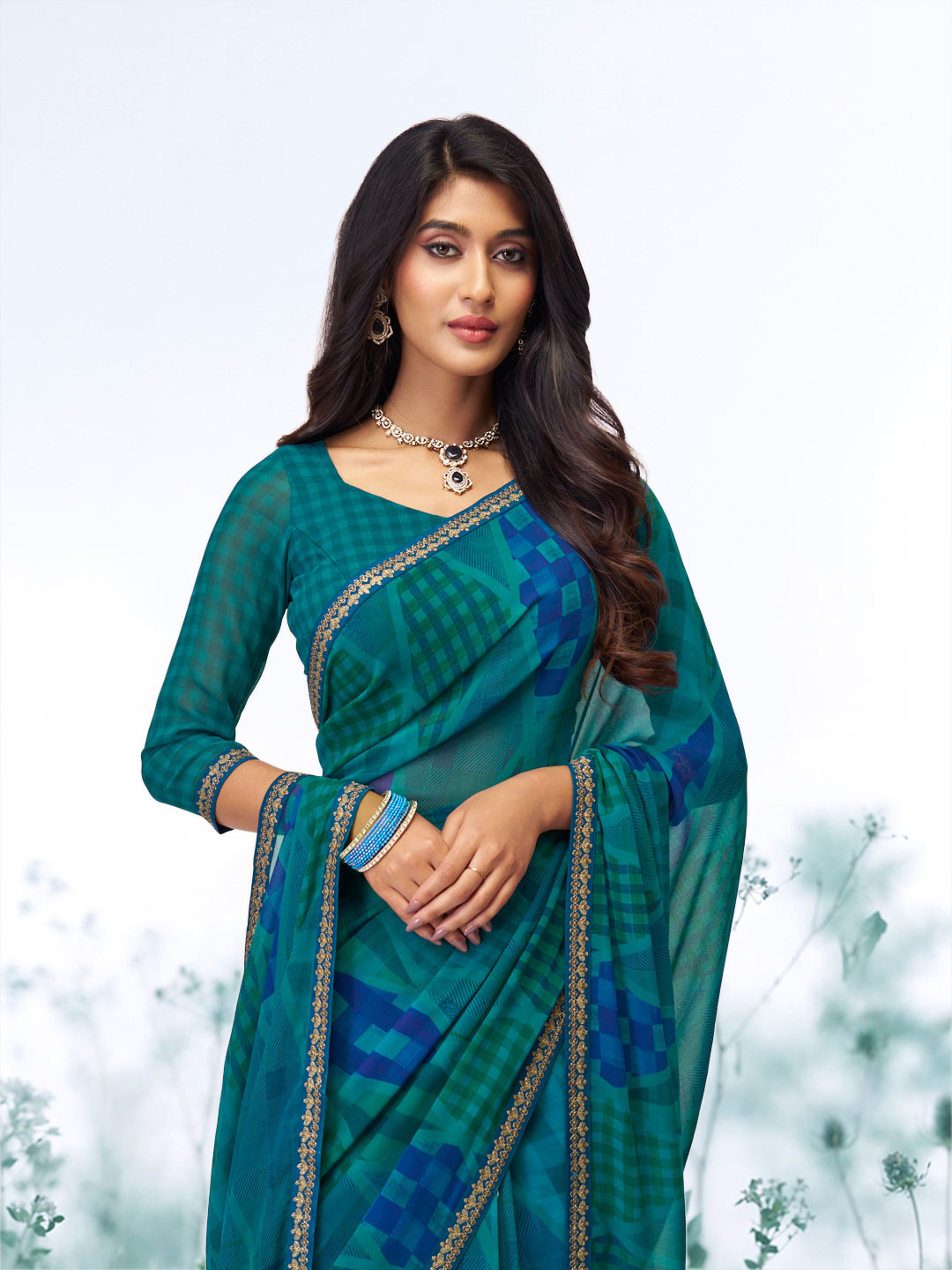 Blue geometric printed georgette saree wedding wear