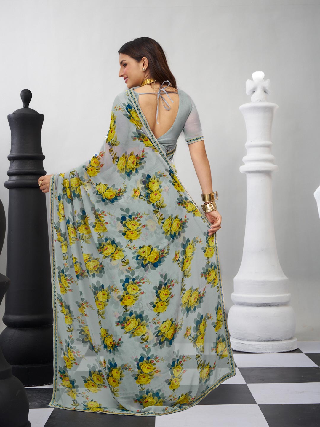 Grey elegant floral saree