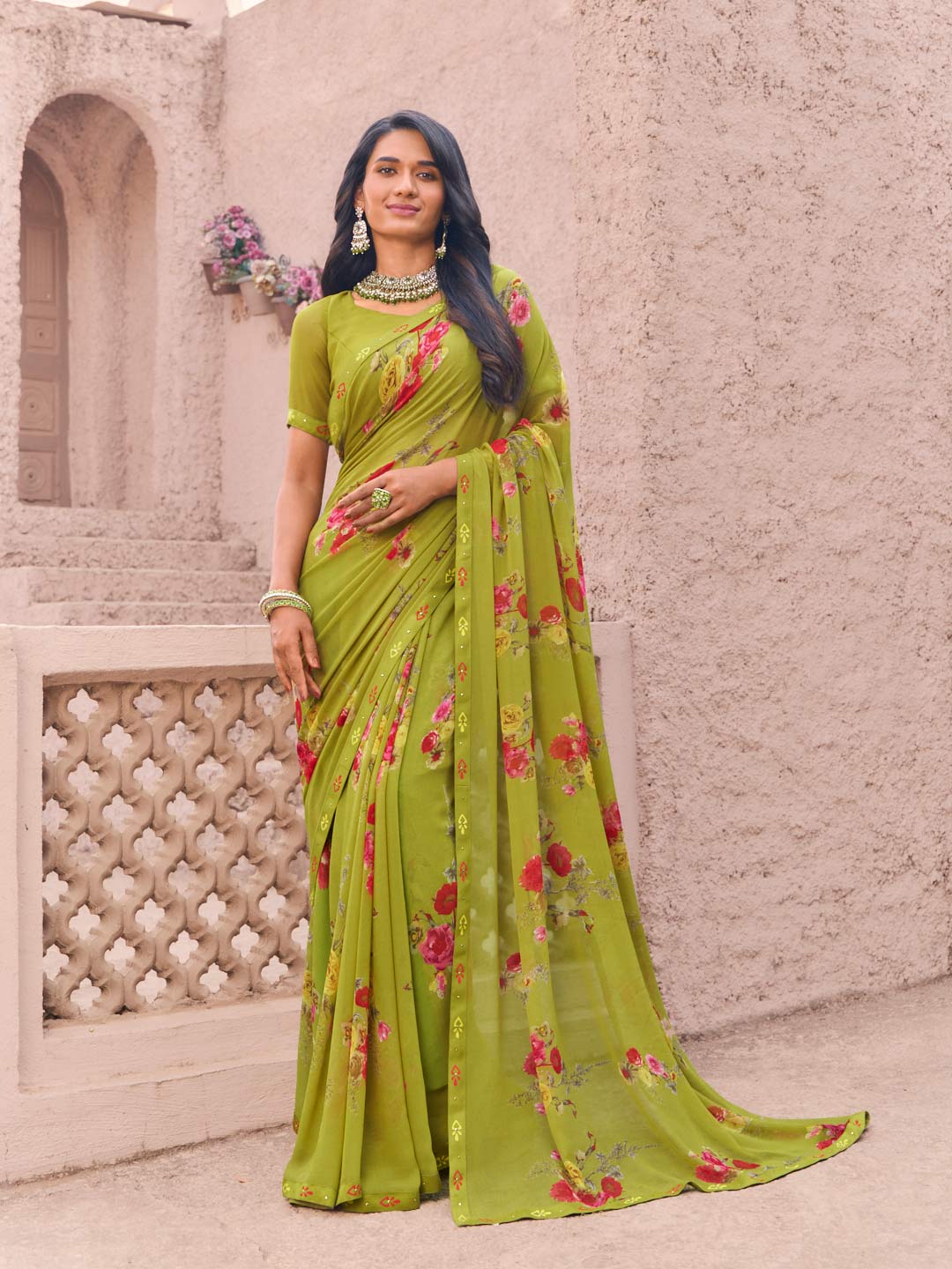 green georgette floral print saree