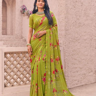 green georgette floral print saree