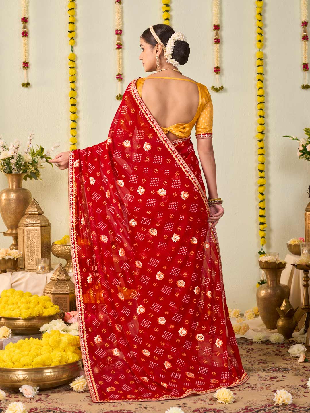 Red bandhani printed georgette saree party wear