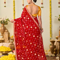 Red bandhani printed georgette saree party wear