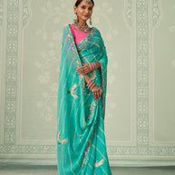Green embroidered chiffon saree party wear