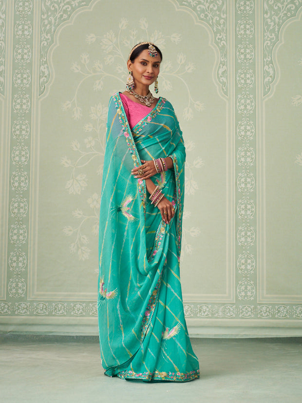 Green embroidered chiffon saree party wear