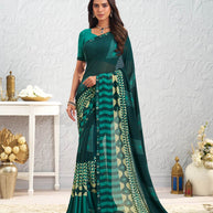 Green geometric printed georgette saree daily wear