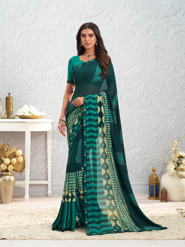 Green geometric printed georgette saree daily wear