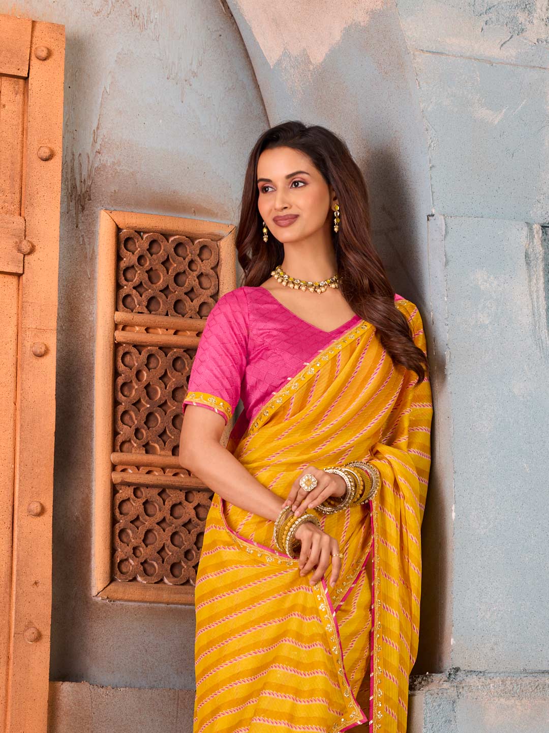 Yellow striped silk blend saree wedding wear