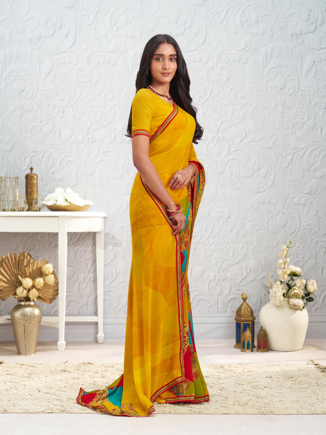 Yellow floral printed georgette saree casual wear