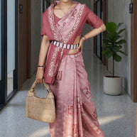 Pink geometric printed cotton blend saree corporate wear