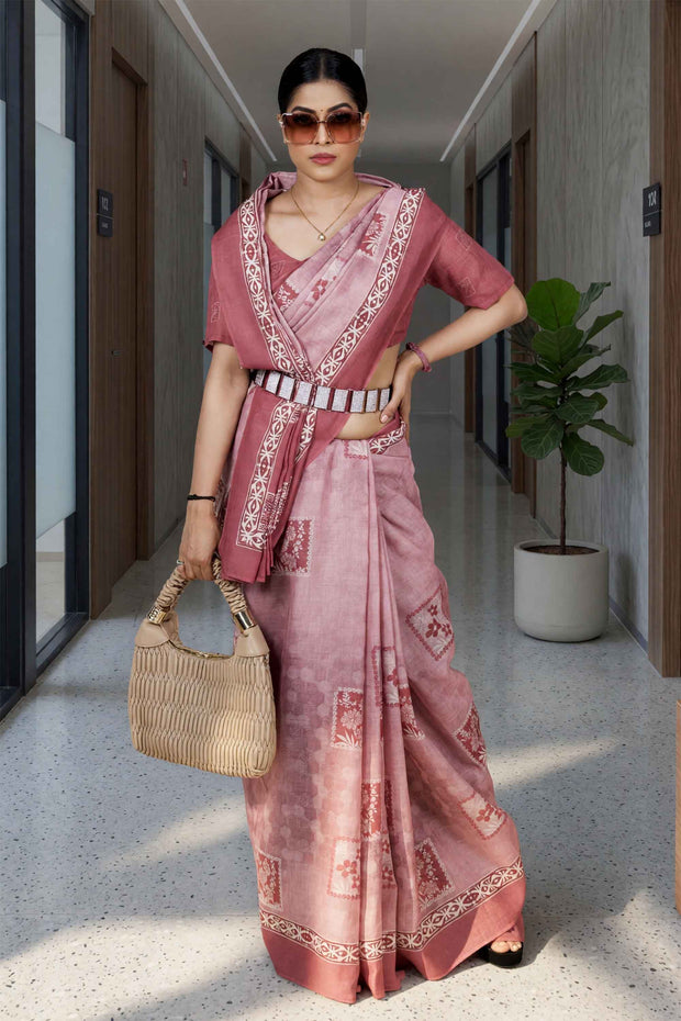 Pink geometric printed cotton blend saree corporate wear