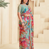 Teal green floral printed georgette saree elegant style