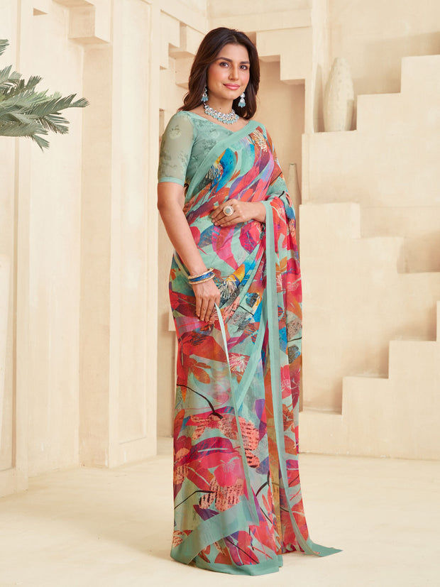 Teal green floral printed georgette saree elegant style