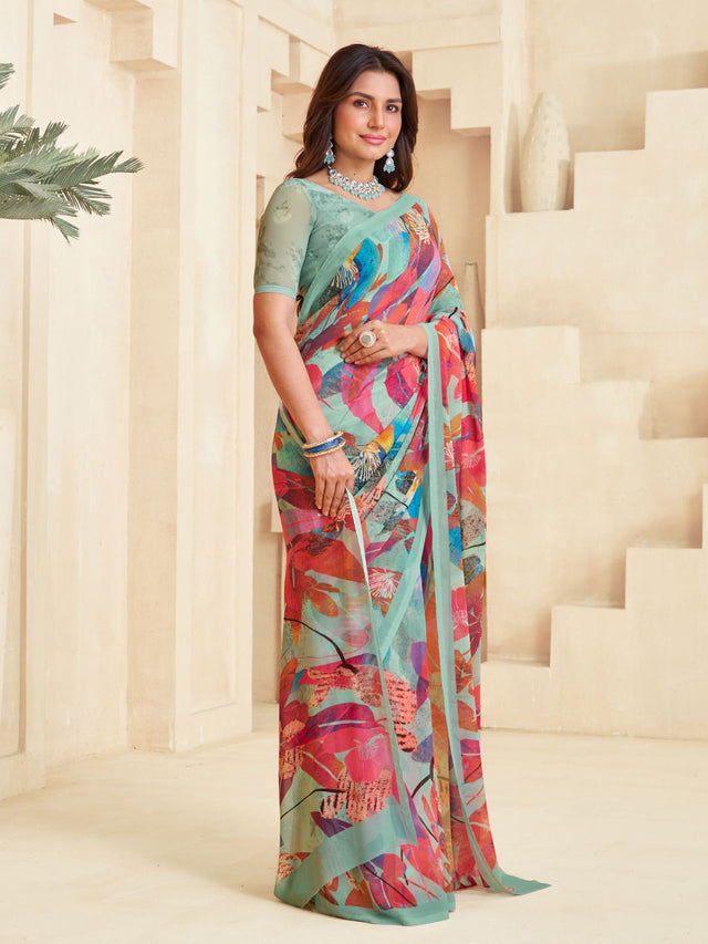 Teal green floral printed georgette saree elegant style