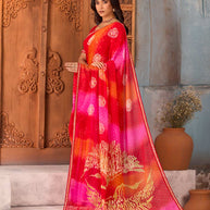 Red abstract printed chiffon saree party wear
