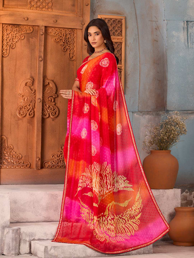 Red abstract printed chiffon saree party wear