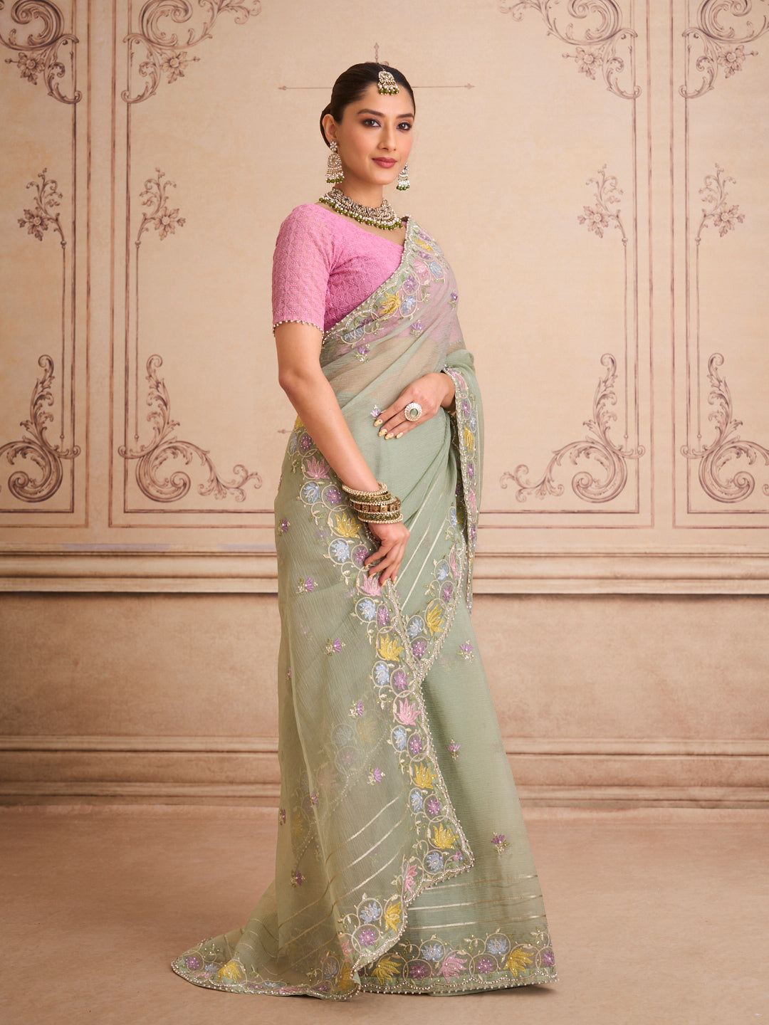 Green floral embroidered tissue organza saree bridal wear