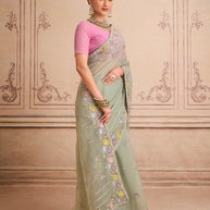 Green floral embroidered tissue organza saree bridal wear