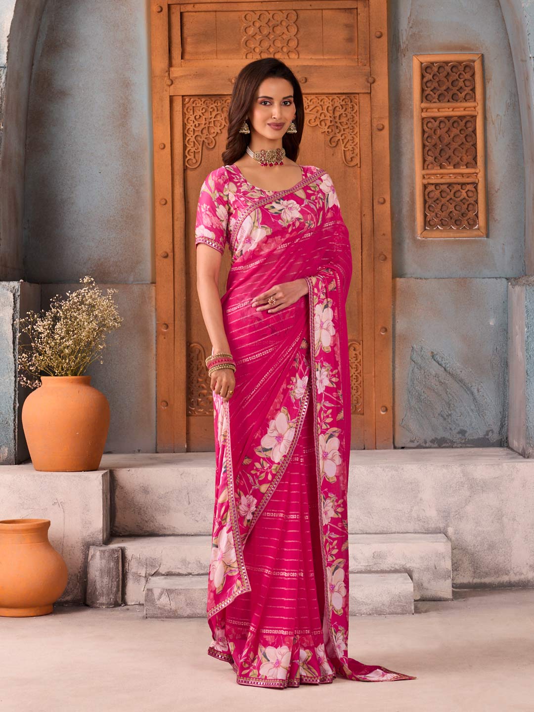Pink floral printed georgette saree party wear