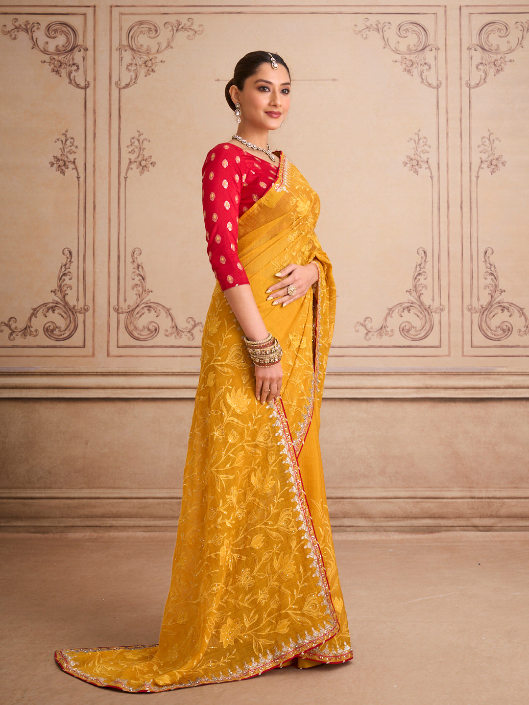 Orange floral embroidered chiffon saree wedding wear