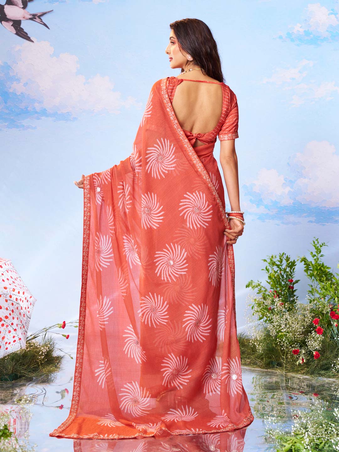 Peach floral printed chiffon saree party wear