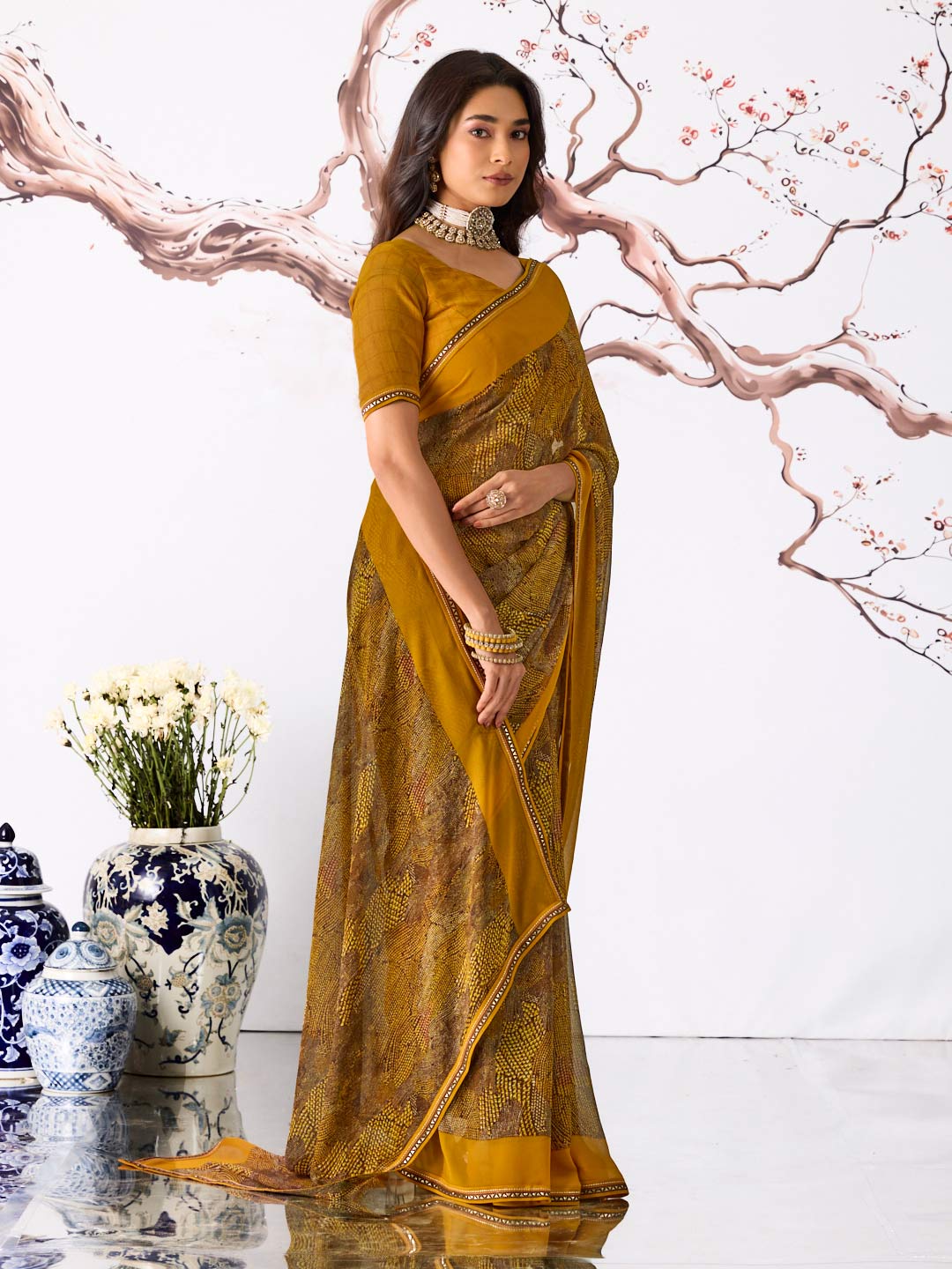 Brown abstract printed georgette saree casual wear