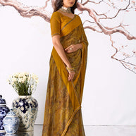 Brown abstract printed georgette saree casual wear