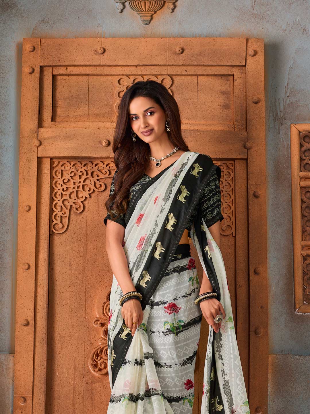 White floral printed chiffon saree party wear