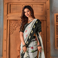 White floral printed chiffon saree party wear