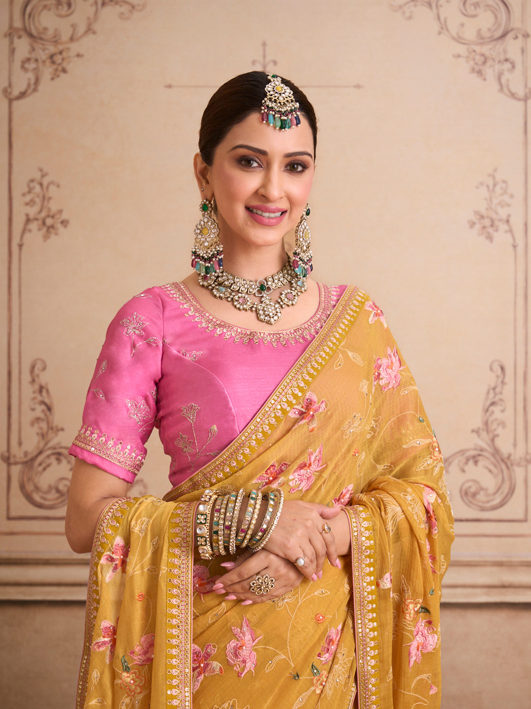Yellow embroidered tissue organza saree casual wear