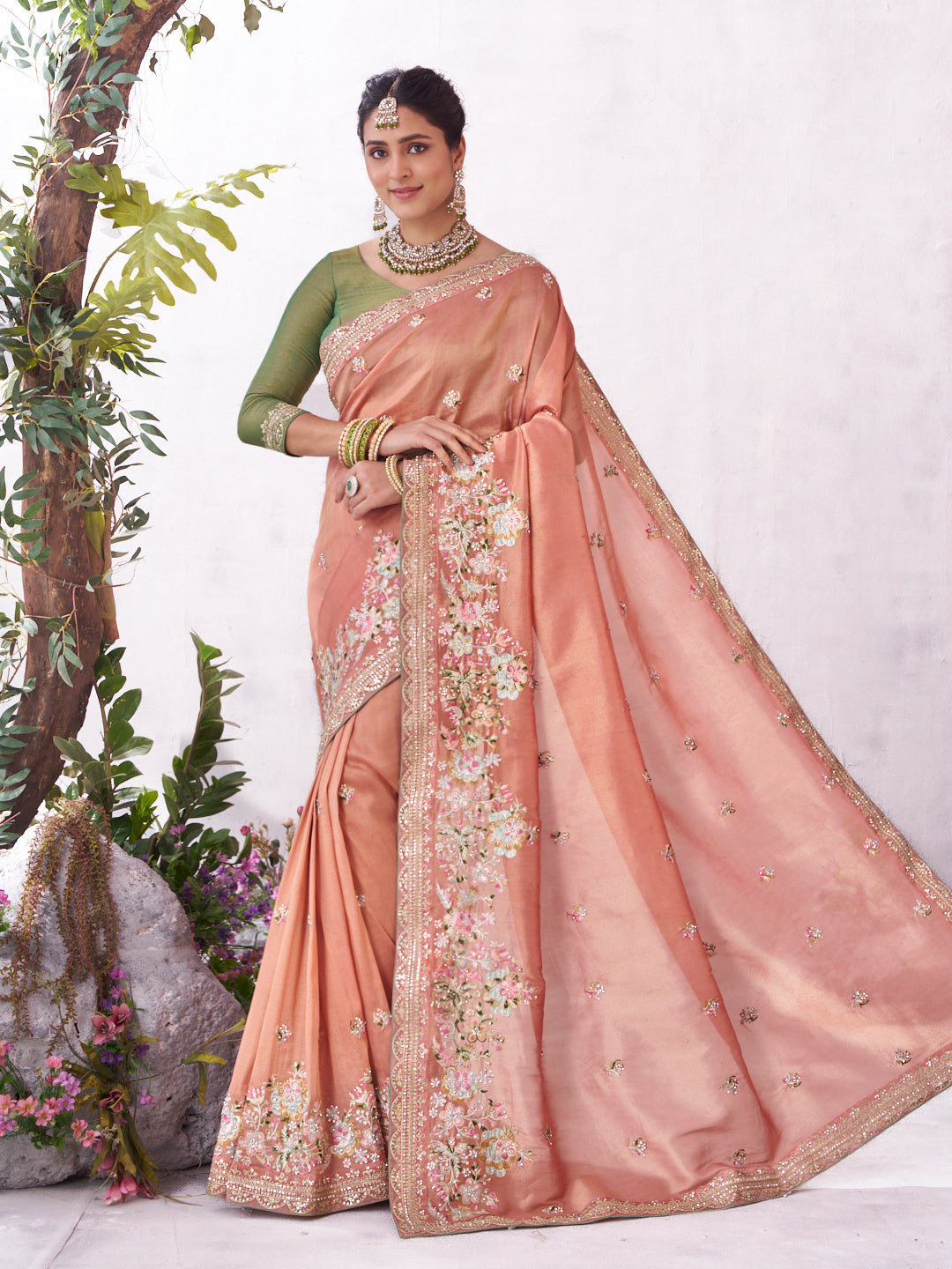 Peach floral embroidered silk blend saree elegant style