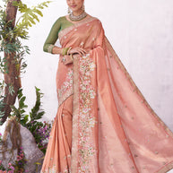 Peach floral embroidered silk blend saree elegant style