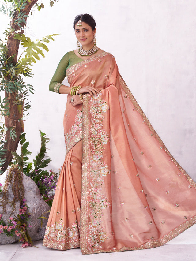 Peach floral embroidered silk blend saree elegant style